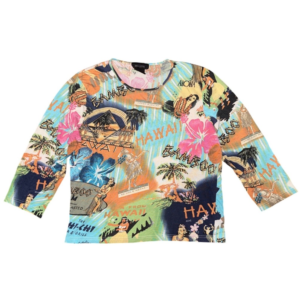 Dolcetti Y2K Hawaiian Postcard Print Silk Blend Top Tropical‎ Maximalist Summer